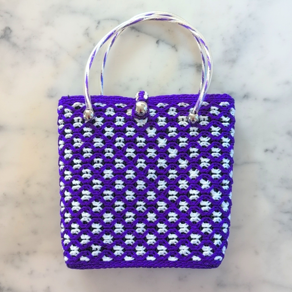RARE FIND! NWOT. Handmade Purple & White Silk Yarn Crochet Handbag w/Full Lining